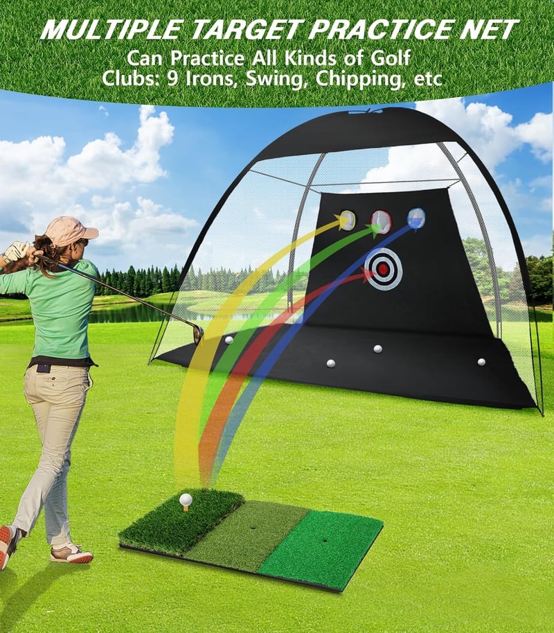 WUDLEP Golf Edzőhálózat 10x7ft Tri-Turf Szőnyeggel, Ütéspálya Szett Labdákkal és Tárcsákkal