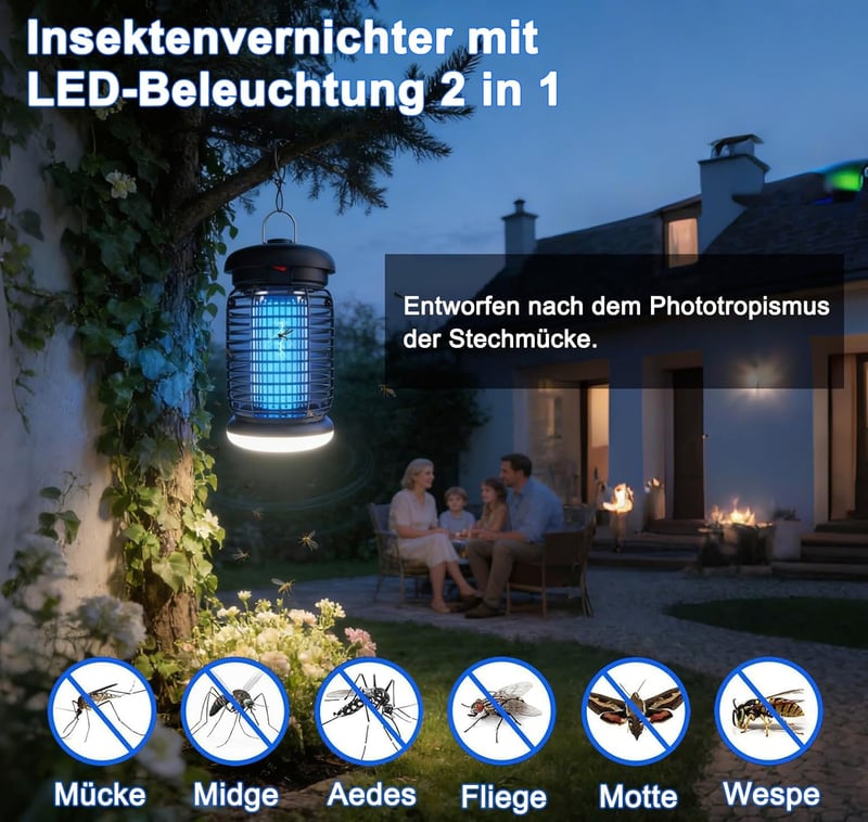 WUEAOA UV Rovarcsapda 4200V 15W LED Szúnyog- és Legycsapda Beltéri Kültéri IPX4