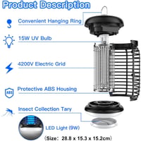 WUEAOA UV Rovarcsapda 4200V 15W LED Szúnyog- és Legycsapda Beltéri Kültéri IPX4 7