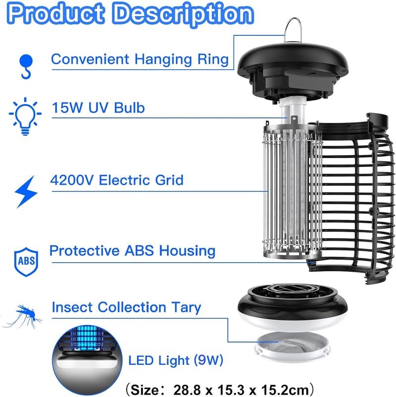 WUEAOA UV Rovarcsapda 4200V 15W LED Szúnyog- és Legycsapda Beltéri Kültéri IPX4