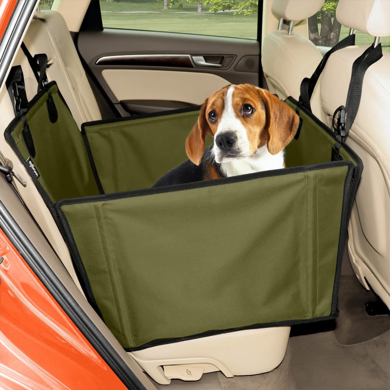 WUGLO Autosedačka pre psov na zadné sedadlo - veľkosť M, kaki - extra stabilná, vodoodolná autosedačka so 4 upevňovacími popruhmi pre stredne veľké psy (max. 18 kg)