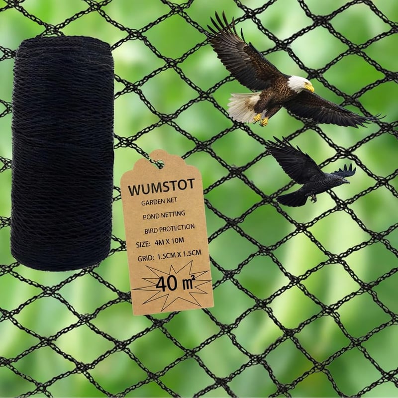 Plasă de protecție pentru păsări WUMSTOT, PE ranforsată, ochiuri de 1,5 cm, negru, 4 x 10 m (40 m²), pentru straturi de grădină și balcon, tufe și pomi fructiferi