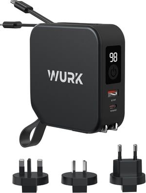 Wurk 5 az 1-ben PowerPack - 10000mAh Powerbank Vezeték Nélküli Töltővel, Beépített USB-C és Lightning Kábellel, Utazó Adapterrel, Gyorstölté
