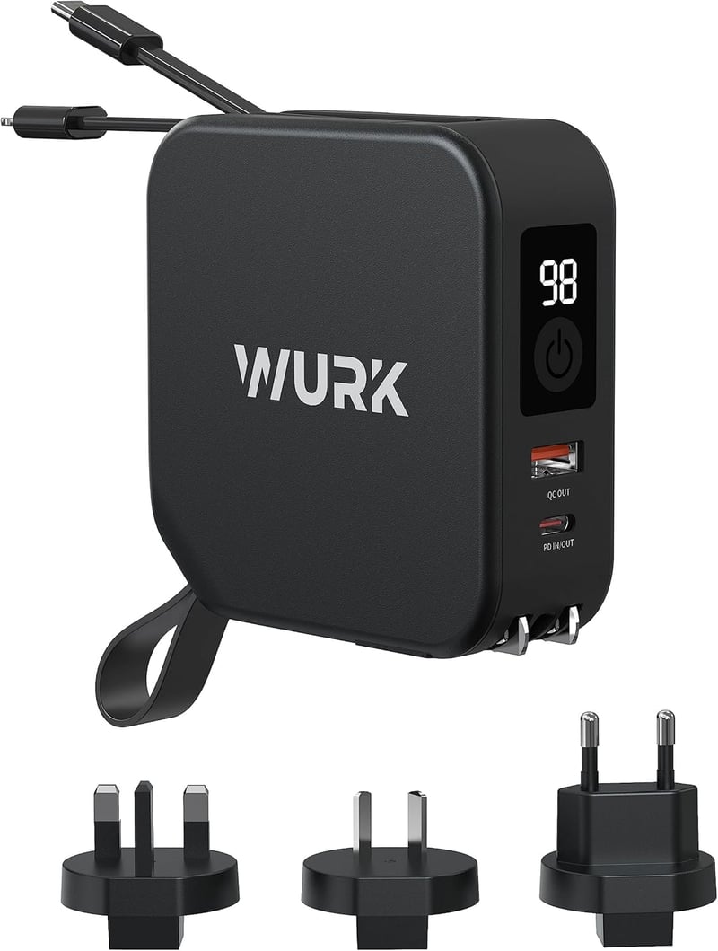 Wurk 5 az 1-ben PowerPack - 10000mAh Powerbank Vezeték Nélküli Töltővel, Beépített USB-C és Lightning Kábellel, Utazó Adapterrel, Gyorstölté