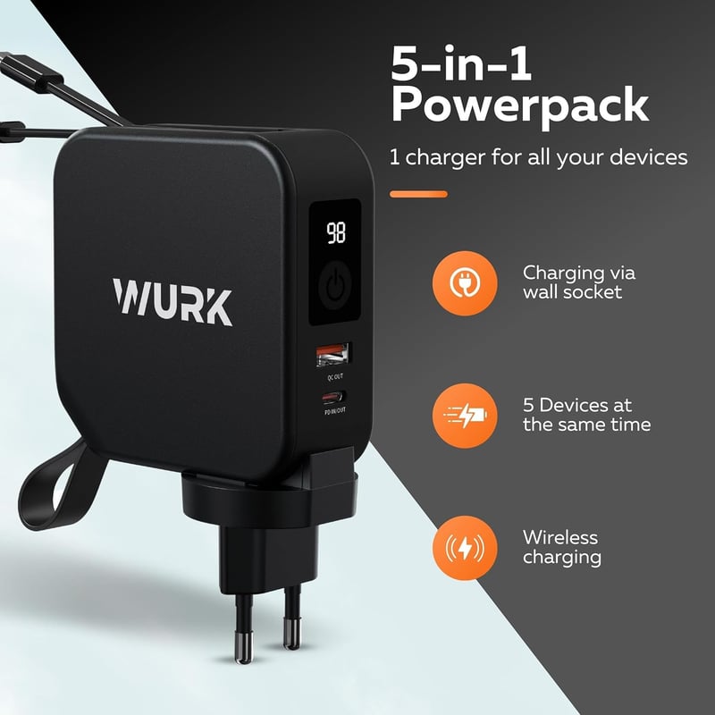 Wurk 5 az 1-ben PowerPack - 10000mAh Powerbank Vezeték Nélküli Töltővel, Beépített USB-C és Lightning Kábellel, Utazó Adapterrel, Gyorstölté