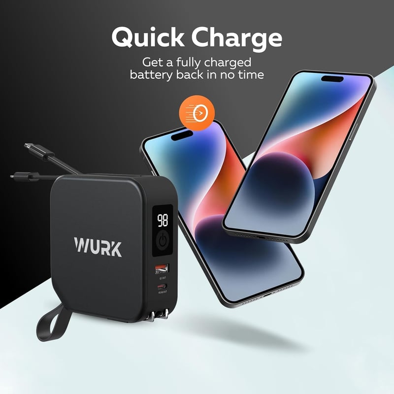 Wurk 5 az 1-ben PowerPack - 10000mAh Powerbank Vezeték Nélküli Töltővel, Beépített USB-C és Lightning Kábellel, Utazó Adapterrel, Gyorstölté