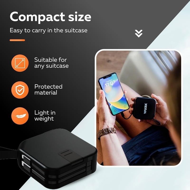 Wurk 5 az 1-ben PowerPack - 10000mAh Powerbank Vezeték Nélküli Töltővel, Beépített USB-C és Lightning Kábellel, Utazó Adapterrel, Gyorstölté
