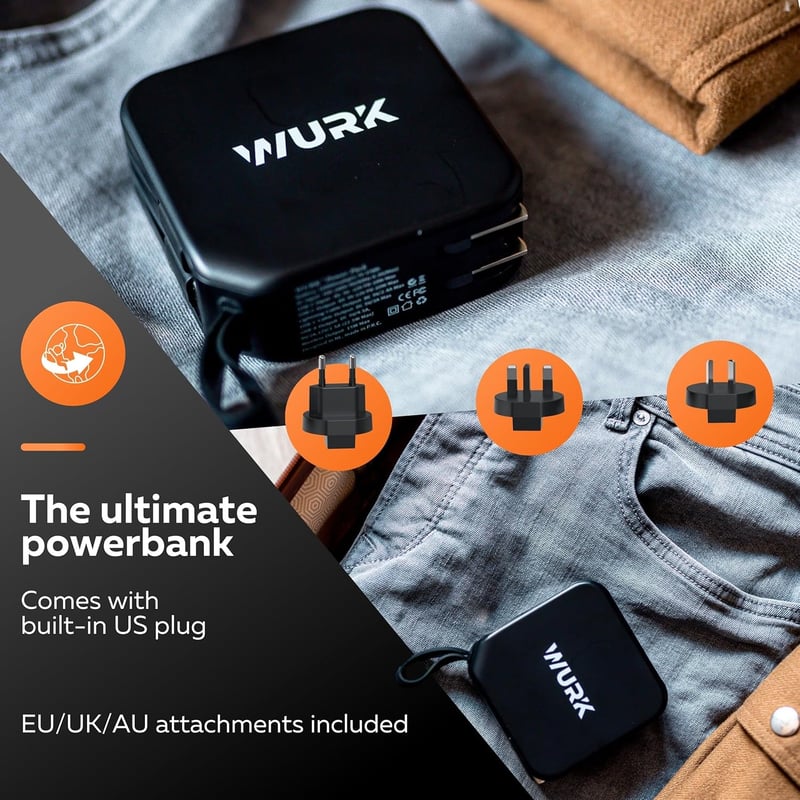 Wurk 5 az 1-ben PowerPack - 10000mAh Powerbank Vezeték Nélküli Töltővel, Beépített USB-C és Lightning Kábellel, Utazó Adapterrel, Gyorstölté