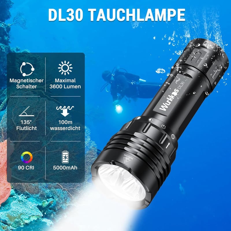 Wurkkos DL30 3600 Lumen Merülőlámpa Vízálló IPX8 USB Töltővel