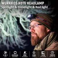 Lanternă frontală Wurkkos HD16 cu lumină roșie, 2500 lumeni, USB-C, rezistentă la apă 3