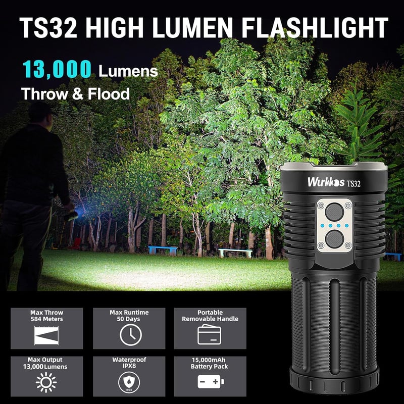 Wurkkos TS32 LED zseblámpa 13000 lumen fényerővel, USB-C töltés, 3x5000 mAh akkumulátor, 584m hatótáv, IP68 vízálló, kempinghez, túrázáshoz