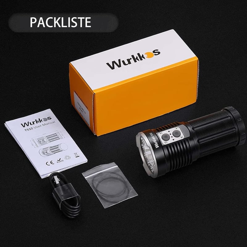 Wurkkos TS32 LED zseblámpa 13000 lumen fényerővel, USB-C töltés, 3x5000 mAh akkumulátor, 584m hatótáv, IP68 vízálló, kempinghez, túrázáshoz