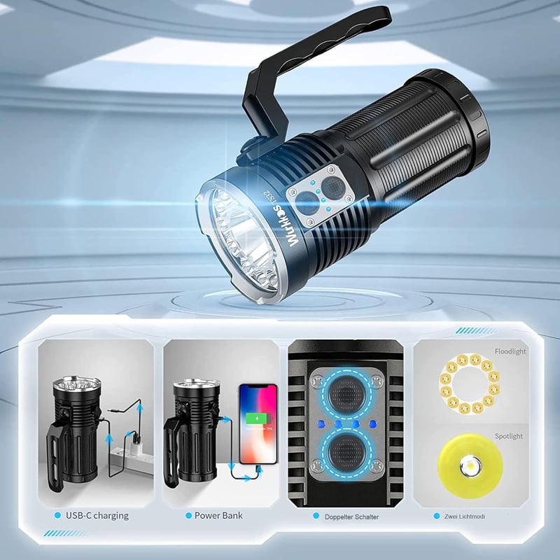 Wurkkos TS32 LED zseblámpa 13000 lumen fényerővel, USB-C töltés, 3x5000 mAh akkumulátor, 584m hatótáv, IP68 vízálló, kempinghez, túrázáshoz