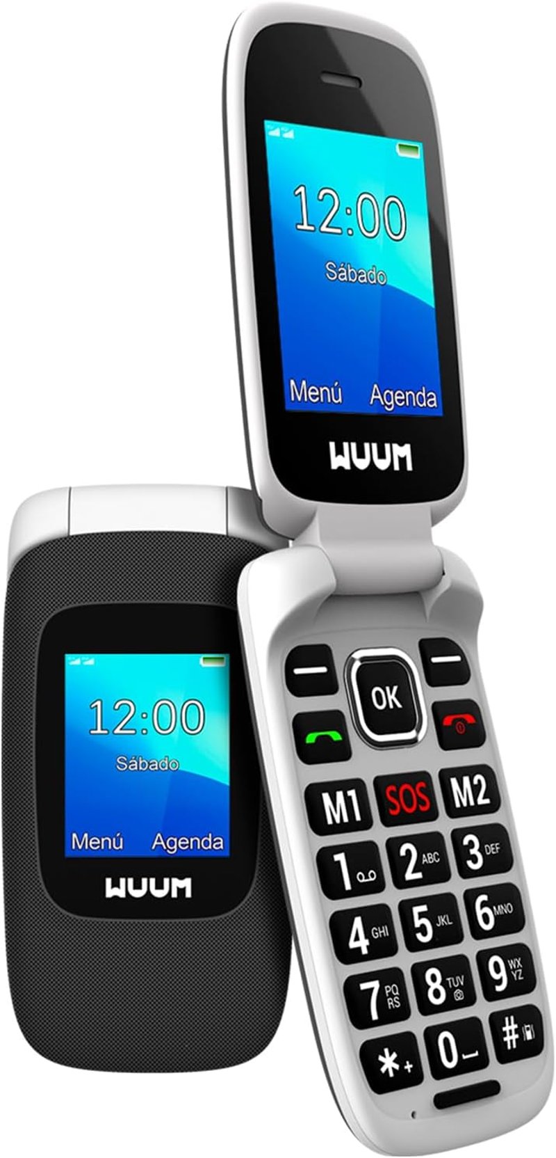 WUUM Clap összecsukható mobiltelefon két kijelzővel, SOS gomb, 800 mAh - fekete