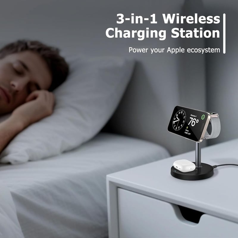 Wvoillty 3-in-1 Vezeték Nélküli Töltőállomás 15W MagSafe Kompatibilis iPhone 16/15/14/13 Apple Watch Qi2 Tanúsított 20W USB-C