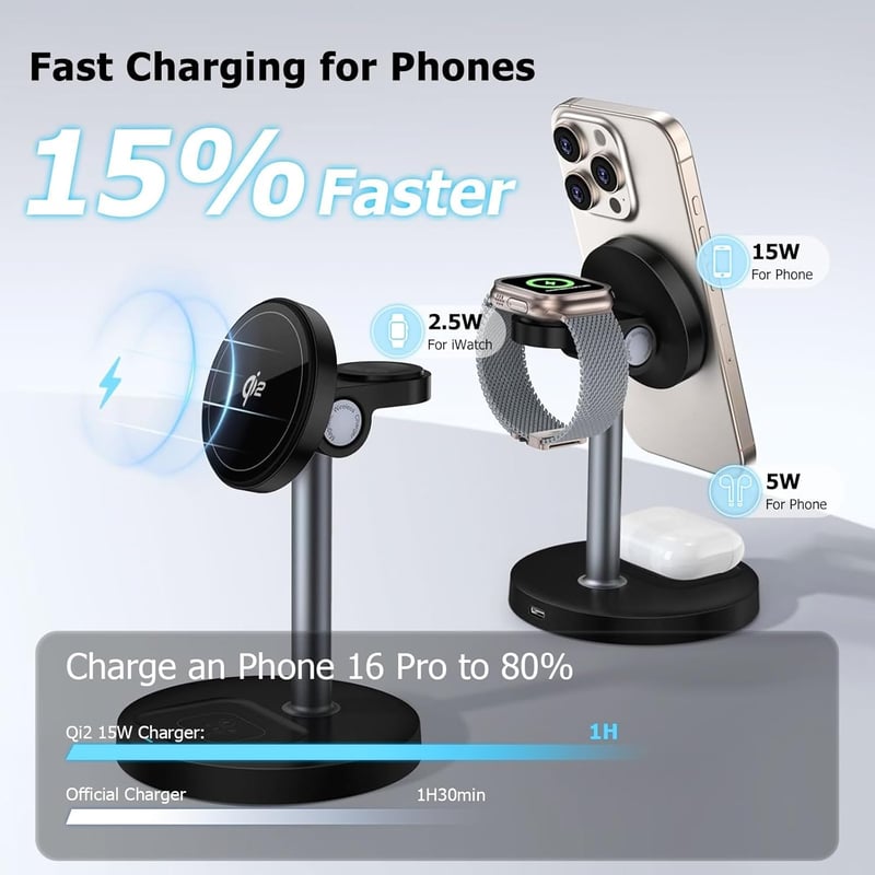 Wvoillty 3-in-1 Vezeték Nélküli Töltőállomás 15W MagSafe Kompatibilis iPhone 16/15/14/13 Apple Watch Qi2 Tanúsított 20W USB-C