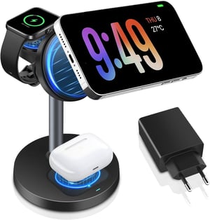 Wvoillty 3-u-1 bežični punjač 15W MagSafe kompatibilan za iPhone 16/15/14/13 Apple Watch Qi2 certificiran 20W USB-C