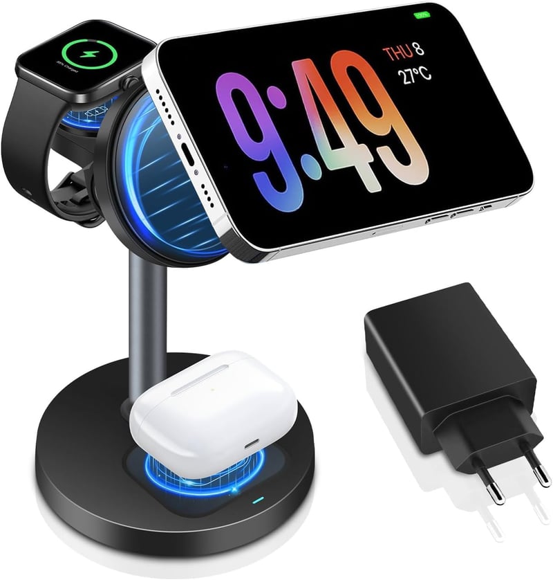 Wvoillty 3-in-1 Vezeték Nélküli Töltőállomás 15W MagSafe Kompatibilis iPhone 16/15/14/13 Apple Watch Qi2 Tanúsított 20W USB-C