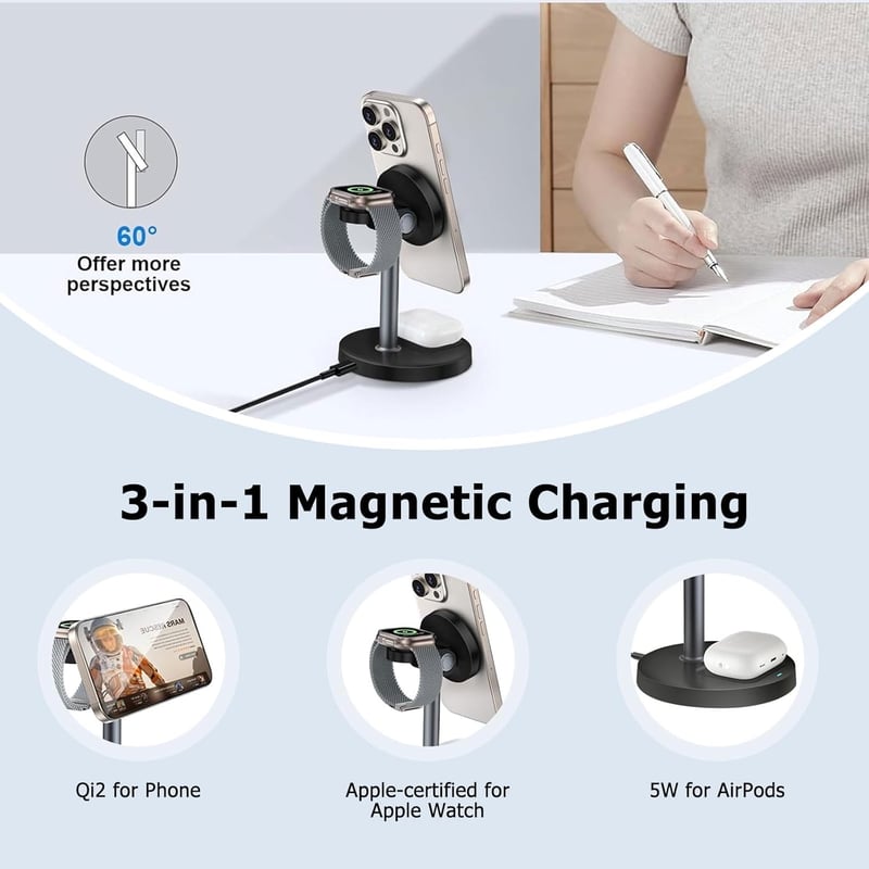 Wvoillty 3-in-1 Vezeték Nélküli Töltőállomás 15W MagSafe Kompatibilis iPhone 16/15/14/13 Apple Watch Qi2 Tanúsított 20W USB-C