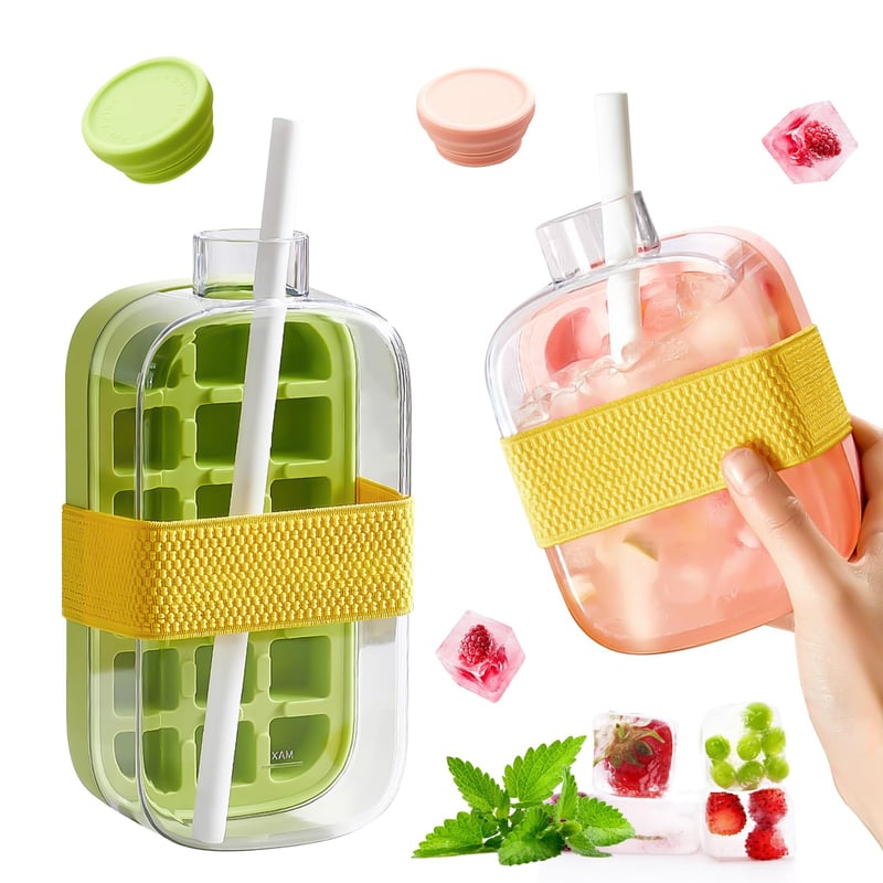 Wvu & Wvo Fľaša na ľadové kocky s uzáverom a nádobou, 2 v 1 forma na ľad a fľaša na vodu, 2 ks (ružová 500 ml + zelená 800 ml)