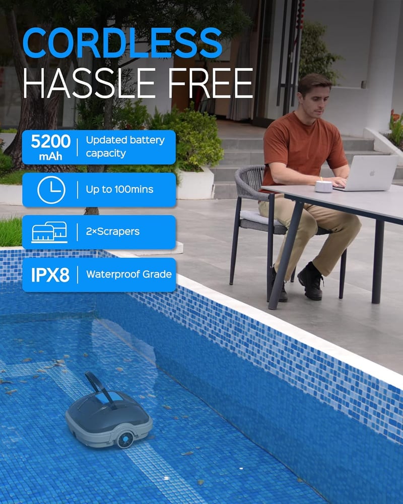 WYBOT Akkumulátoros Medence Takarító Robot, 100 Perc Autonóm Működés, Automatikus Parkolás - Dark Grey