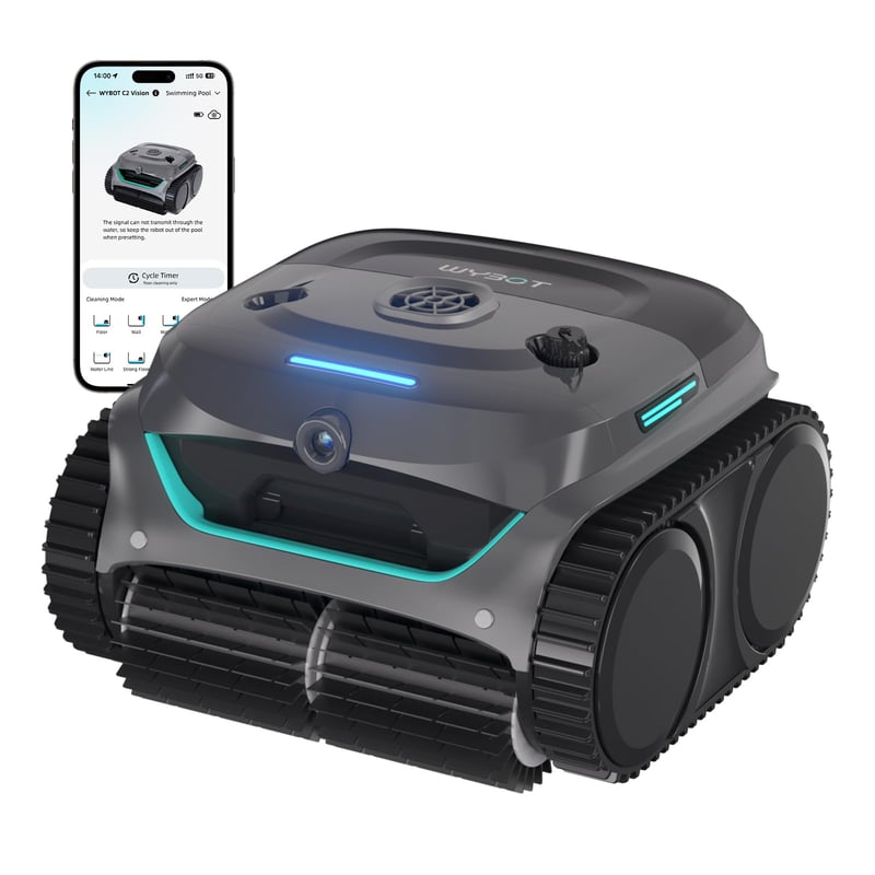 WYBOT C2 Vision-A baterijski robotski čistač bazena s AI kamerom, 8 načina rada, snažna usisna snaga, dvostruki filtar, čišćenje vodene linije, zidova i dna