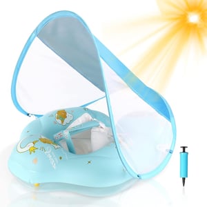 WYRIAZA Kolut za bebe sa zaštitom od sunca SPF 50+ - veličina L (6-36 mjeseci), 8-16 kg, plavi, s loptom za ravnotežu, napuhljivi dječji kolut za plivanje