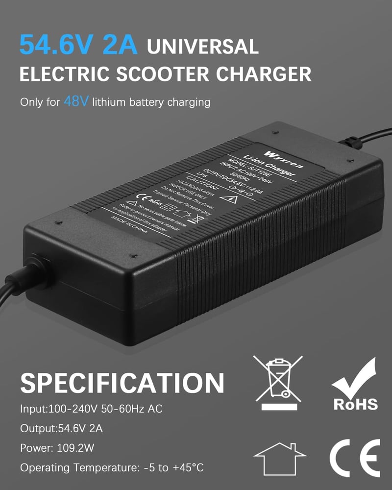 Wyxron 54.6V 2A Elektromos Roller Töltő - 5 Csatlakozós Univerzális Töltőkábel Ventilátorral, 48V Lítium Akkumulátorhoz, E-Bike Kompatibilis