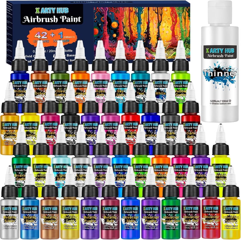 X ARTY HUB 42 Színű Airbrush Festék Készlet Thinnerrel, Irizáló és Neon Színek