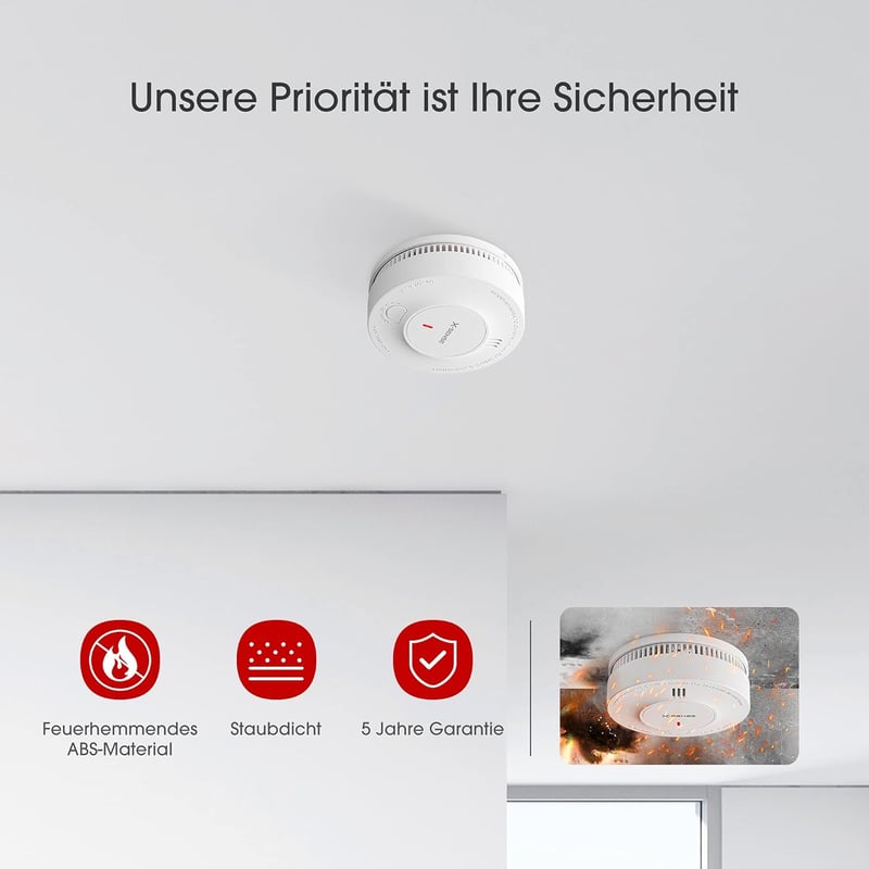 X-Sense Füstérzékelő 10 Éves Elemmel - 5 db-os Csomag, TÜV és EN14604 Tanúsított Tűzjelző, Fotoelektromos Érzékelővel, 85dB Riasztás