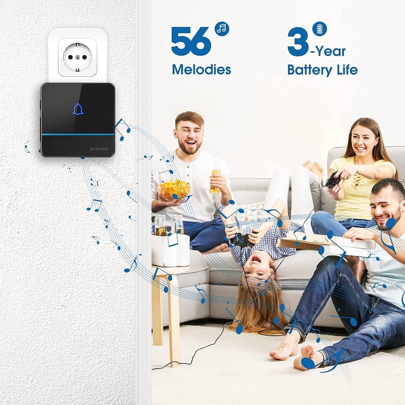 X-Sense Vezeték Nélküli Csengő - 2 Vevőegységgel, 600m Hatótávolság, 56 Dallam, IP55 Vízálló, 115dB Hangerő, LED Jelzés, Memória Funkcióval