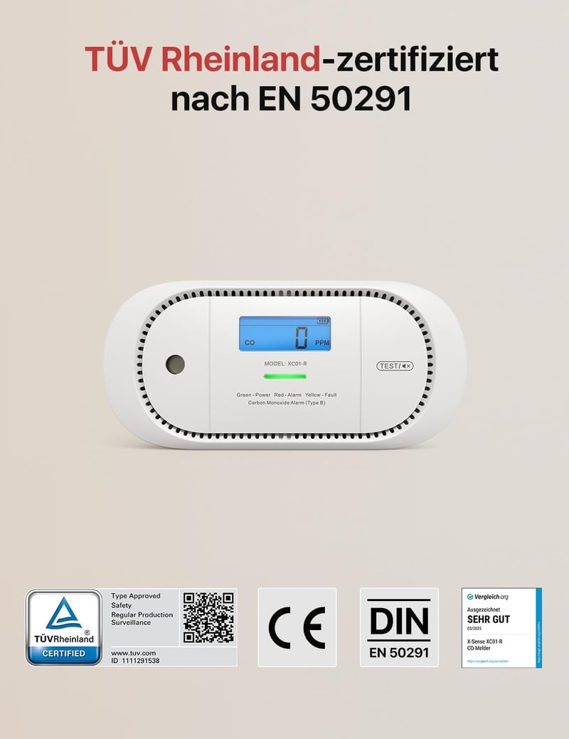 X-Sense XC01-R Szénmonoxid Érzékelő, TÜV Tanúsítvánnyal, Digitális LCD Kijelzővel, 7 Éves Cserélhető Elemmel, Memória Funkcióval, Falra Szer
