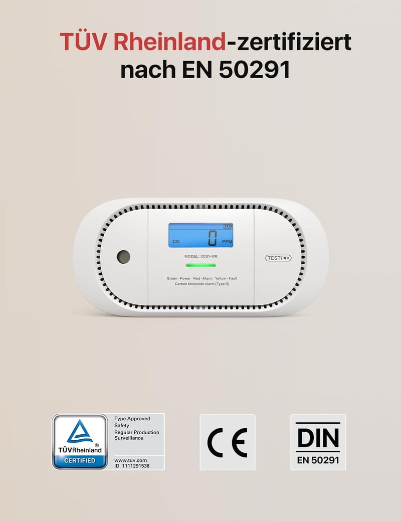 X-Sense XC01-WR Szén-monoxid Érzékelő Készlet - 2 db Rádiós Hálózatba Köthető CO Detektor LCD Kijelzővel, Cserélhető Elemmel, EN 50291 Szabv