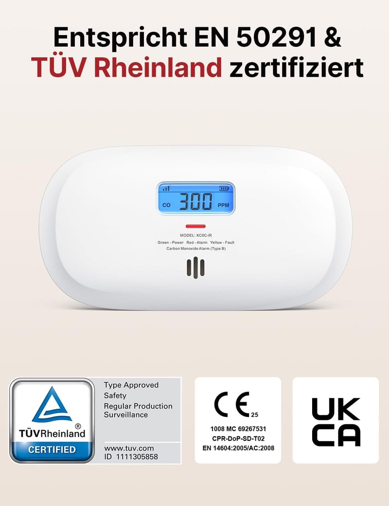 X-Sense XC0C-iR Okos Szénmonoxid Érzékelő - WiFi-s CO Detektor LCD Kijelzővel, TÜV Tanúsítvánnyal, Applikációs Némítással és Cserélhető Elem