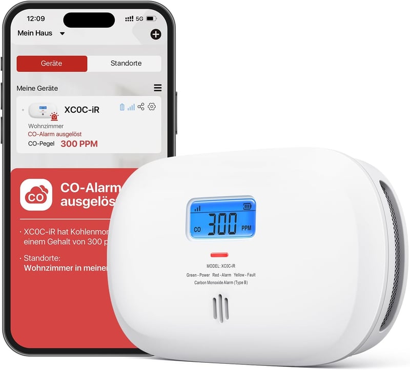 X-Sense XC0C-iR Okos Szénmonoxid Érzékelő - WiFi-s CO Detektor LCD Kijelzővel, TÜV Tanúsítvánnyal, Applikációs Némítással és Cserélhető Elem