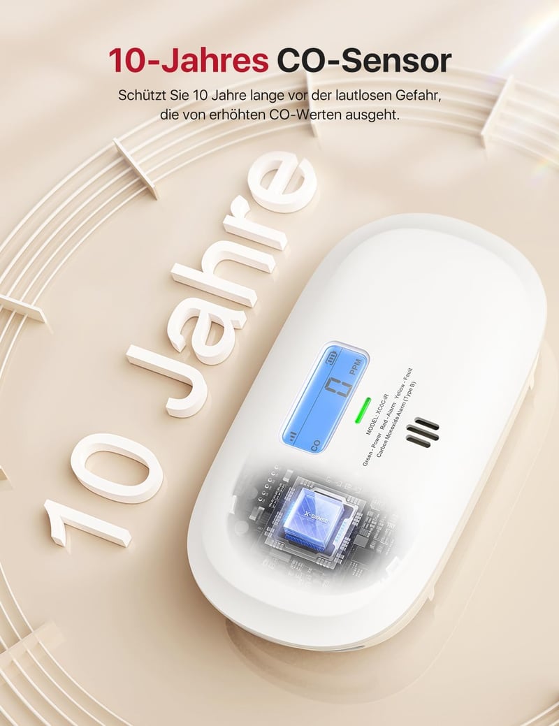 X-Sense XC0C-iR Okos Szénmonoxid Érzékelő - WiFi-s CO Detektor LCD Kijelzővel, TÜV Tanúsítvánnyal, Applikációs Némítással és Cserélhető Elem