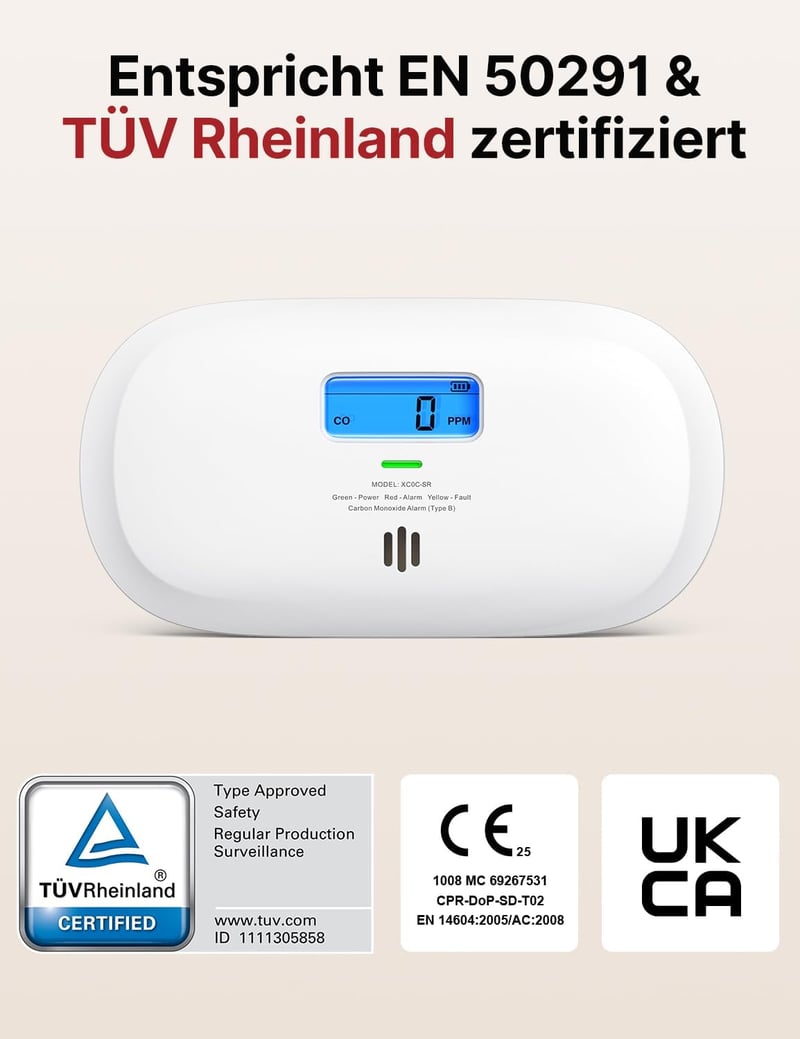 X-Sense XC0C-SR Szén-monoxid Érzékelő, TÜV Tanúsítvánnyal, 10 Éves Szenzorral, Digitális Kijelzővel és Cserélhető Elemmel, Tesztgombos CO 