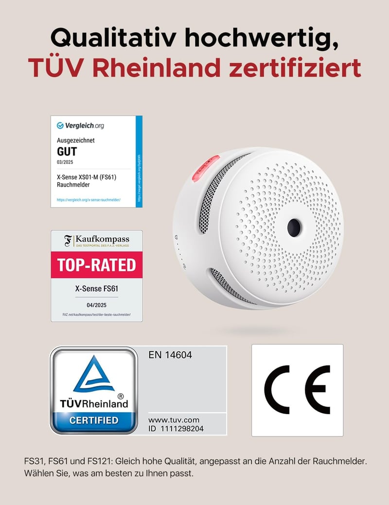 X-Sense XS01-M WiFi Okos Füstérzékelő - 3 db-os Készlet, 85dB Hangjelzés, Kompatibilis FS31/FS61/FS121 és SBS50 Bázisállomással, Mobilértesí