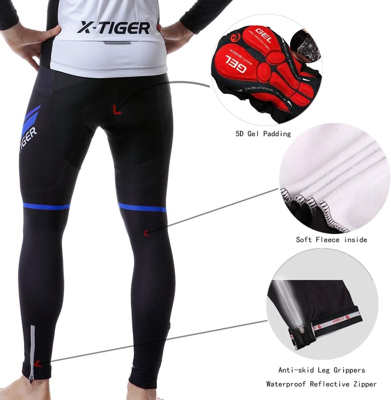 X-TIGER Férfi Hosszú Ujjú Kerékpáros Szett, Téli Kerékpáros Ruházat 5D Gél Párnázott Kantáros Nadrággal