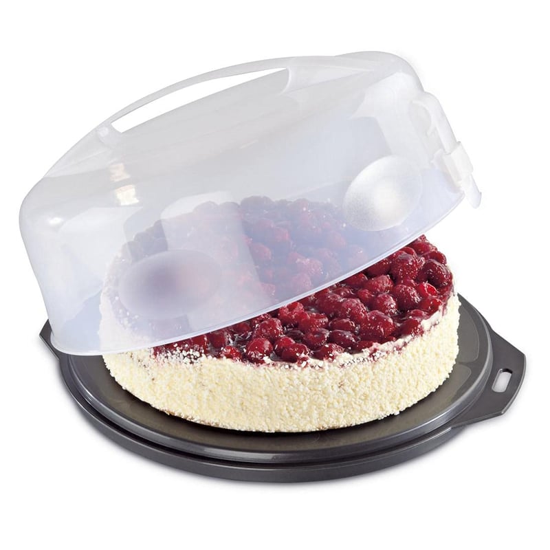 Xavax okrugla kutija za transport torti s poklopcem, promjer 31,5 cm, unutarnja visina 8 cm, s pomagalom za rezanje, antracit podloga, prozirni poklopac