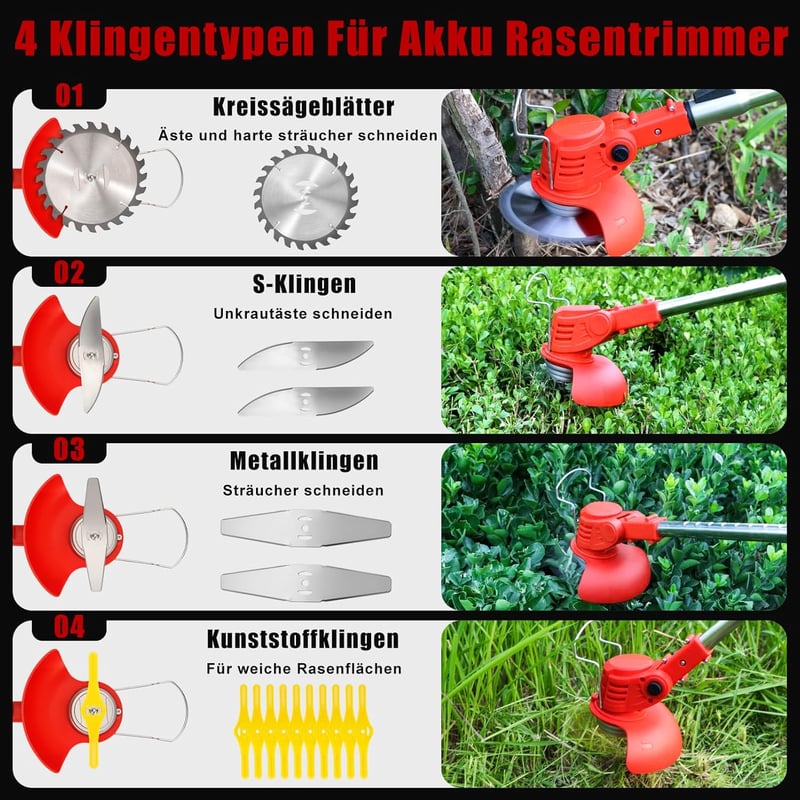 Xbzzgmg Akkumulátoros Fűkasza 2 Akkumulátorral, 4 Penge Típussal - Állítható, Teleszkópos, Alacsony Zajszintű Szegélynyíró Kertekhez, Udvaro