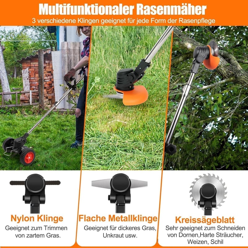 Xbzzgmg Akkumulátoros Fűszegélynyíró 2×4.0 mAh Akkuval - Elektromos Fűkasza 4 Féle Pengével, Kihúzható Kerekekkel, Kerti Gyomvágó