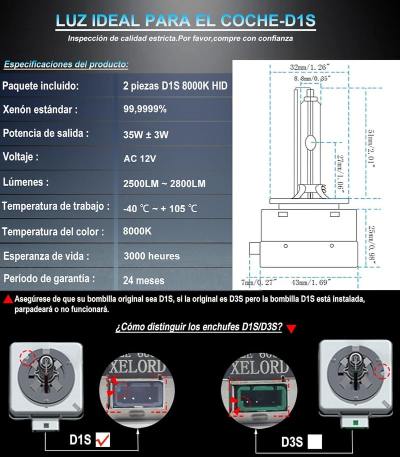 XELORD D1S 8000K Xenon HID Fényszóró Izzó 35W Dupla Csomag