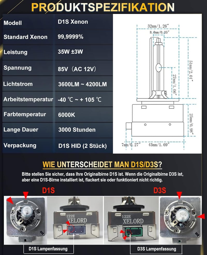 XELORD D1S D3S Xenon izzó 6000K HID fényszóró 35W 12V 2db