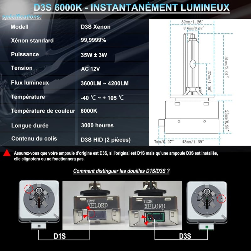 XELORD D3S 6000K Xenon Izzó Autóhoz 35W 12V Fényszóró Lámpa 2db