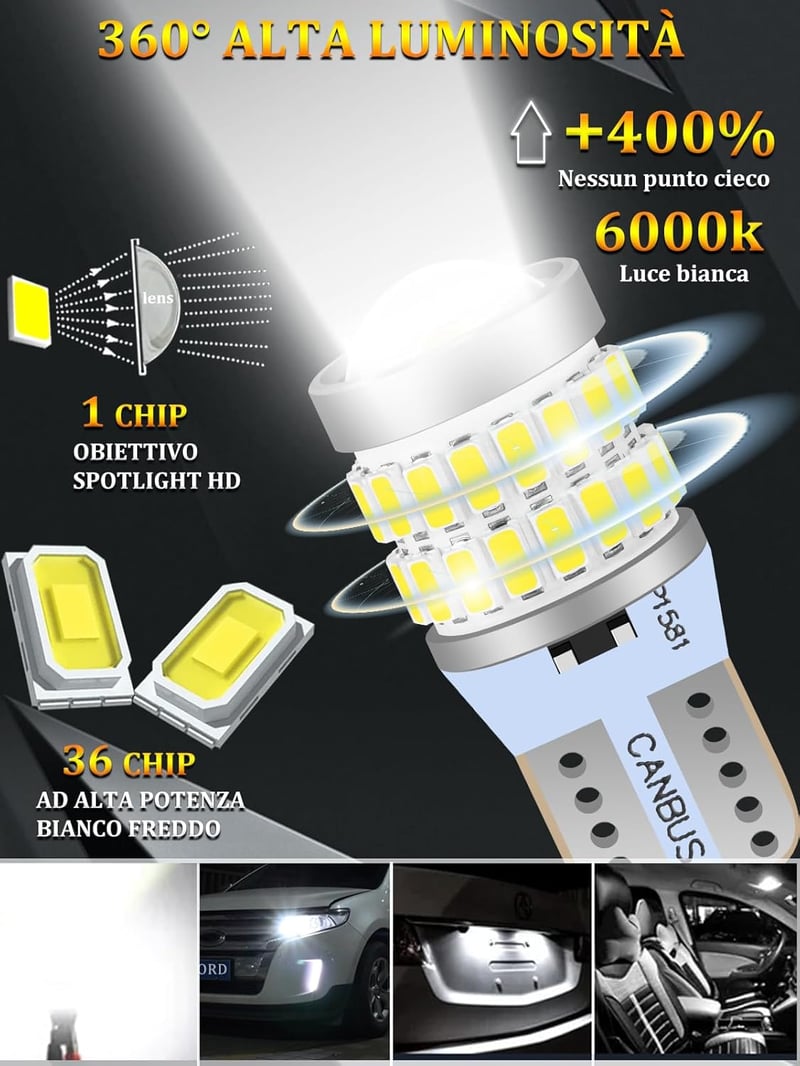 XELORD LED izzó W5W T10 6000K fehér autó belső világítás 2db