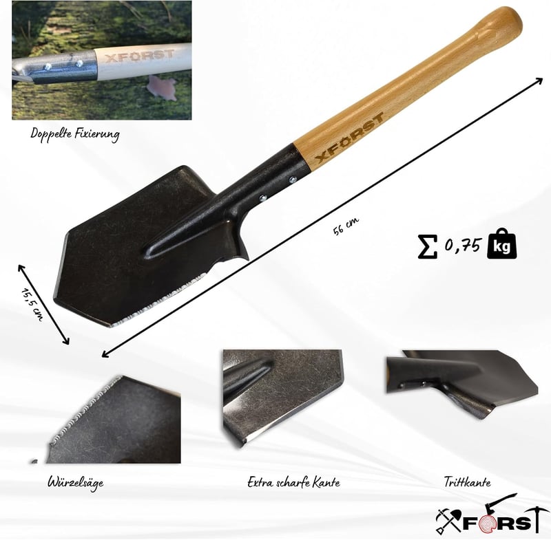 Xforst FS1 tereplapát fa nyéllel éles acél pengével hordtáskával kültéri kemping túlélő ásáshoz