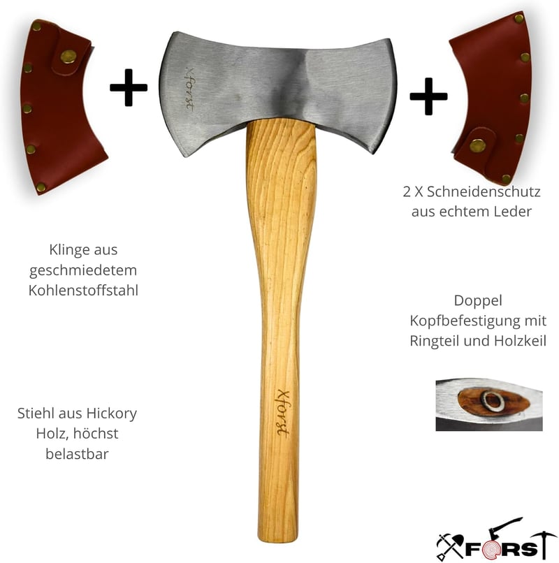 Xforst Viking kétfejű fejsze 42 cm 1,4 kg kovácsolt szénacél pengével hickory nyéllel bőr vágóvédővel