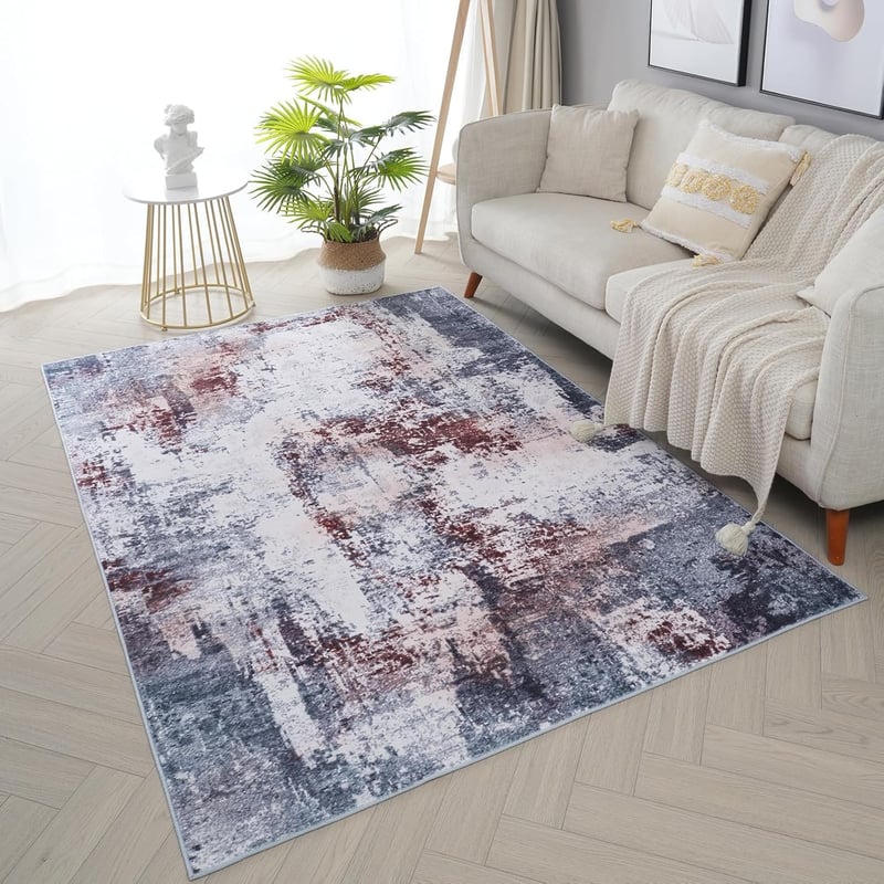 Xfrog Modern Absztrakt Mosható Szőnyeg Nappaliba és Hálószobába - Rövid Szálú, Csúszásgátlós, Piros/Szürke Gyapjúkeverék, 160 x 230 cm