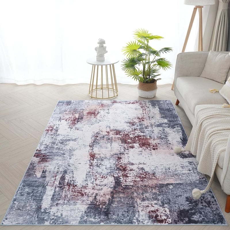 Xfrog Modern Absztrakt Mosható Szőnyeg Nappaliba és Hálószobába - Rövid Szálú, Csúszásgátlós, Piros/Szürke Gyapjúkeverék, 160 x 230 cm